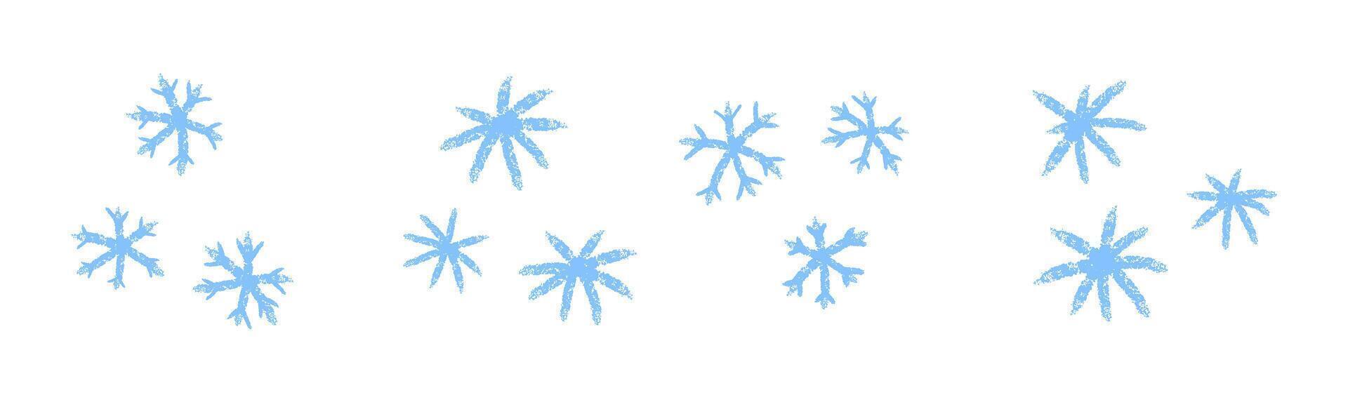 Chalk or pencil drawing of a set of snowflakes . Collection of hand drawn snowflakes in grunge style. Christmas illustration vector