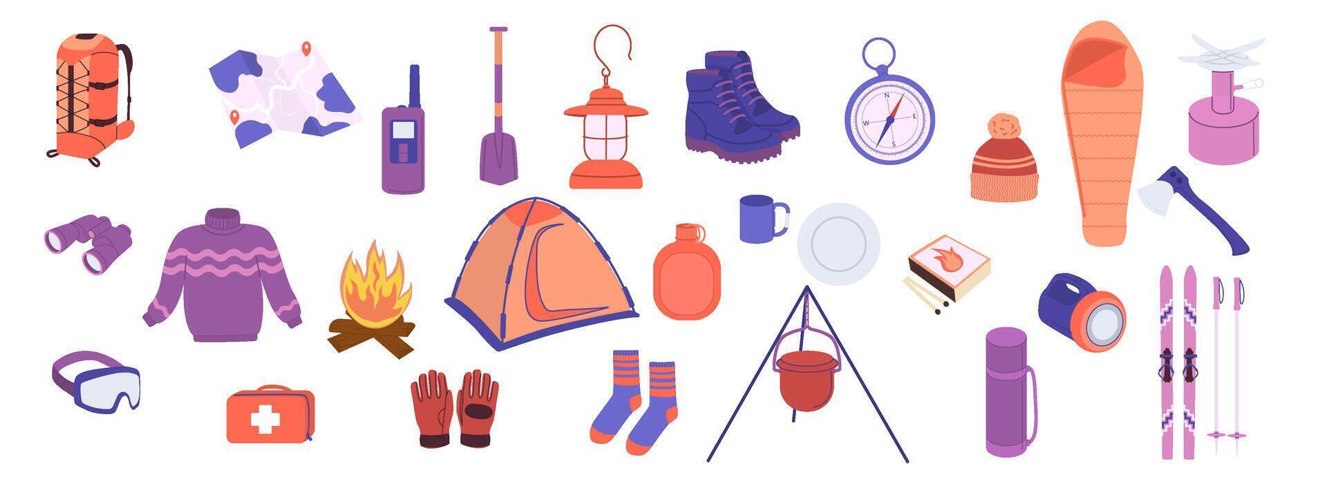 A set of winter equipment for traveling. Collection for active winter vacation in mountains. Winter items for tourism including hiking skis, hiking boots, shovel, binoculars, sweater, thermos, map. vector