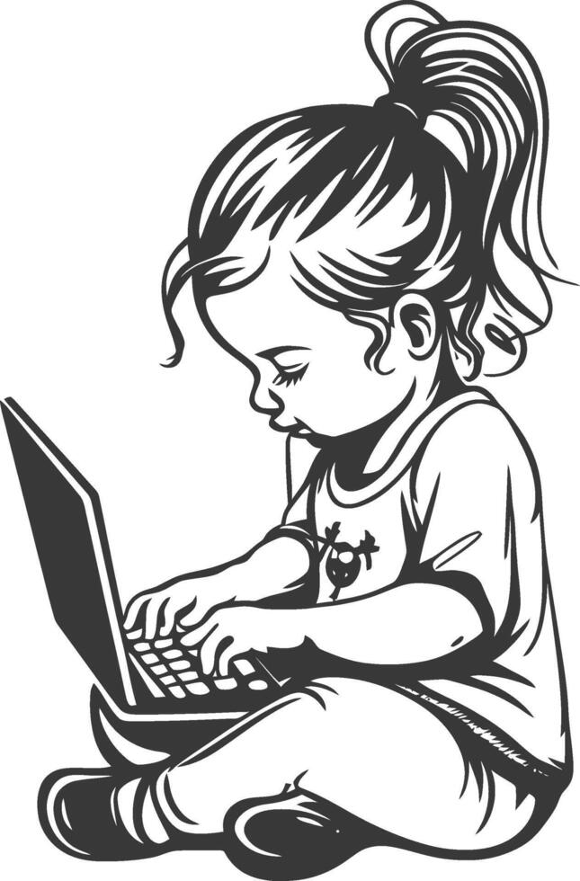 A black and white drawing of a little girl sitting on a laptop vector