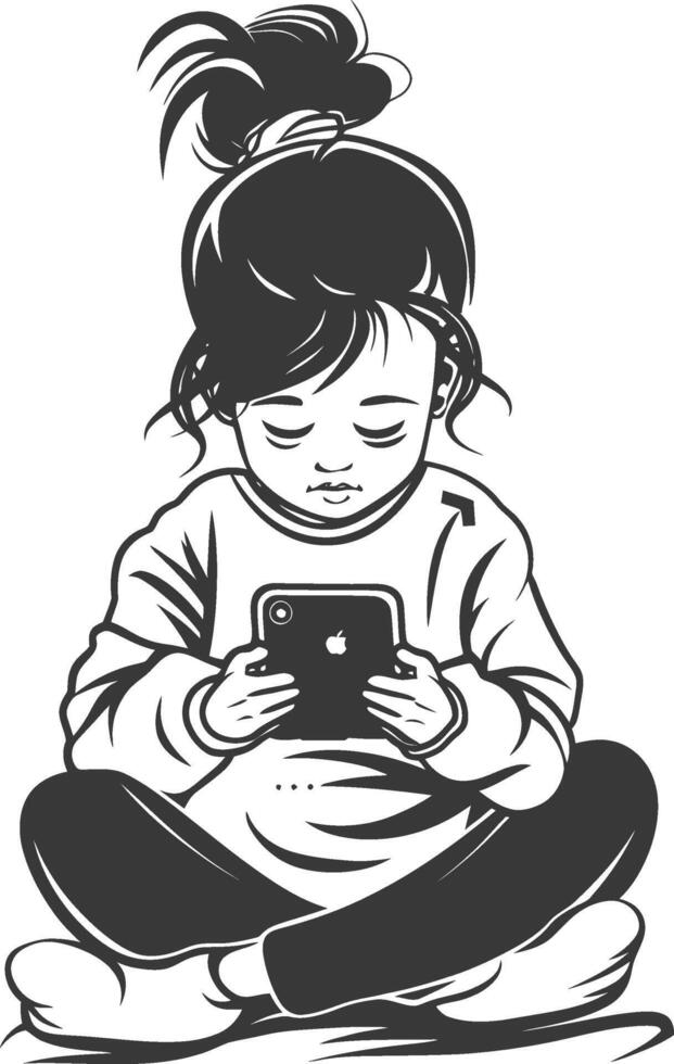 A black and white drawing of a girl sitting on the floor with her phone vector