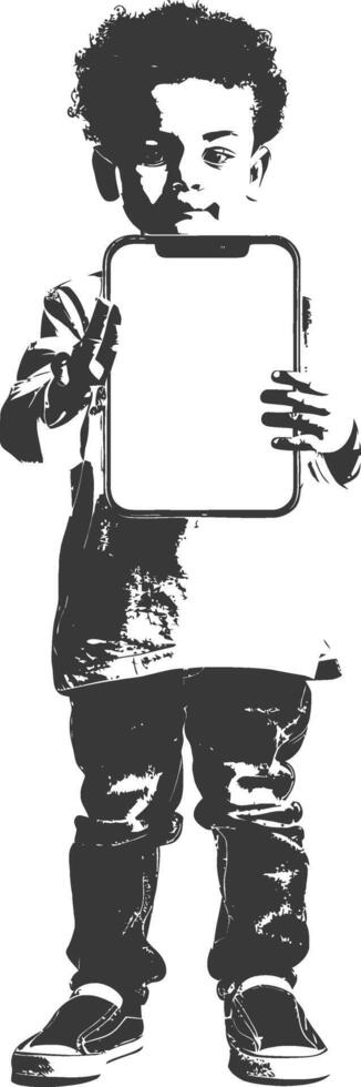 A black and white drawing of a boy holding a blank white board vector