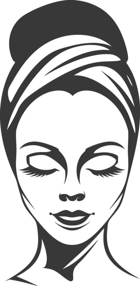 A black and white illustration of a woman with a towel on her head vector