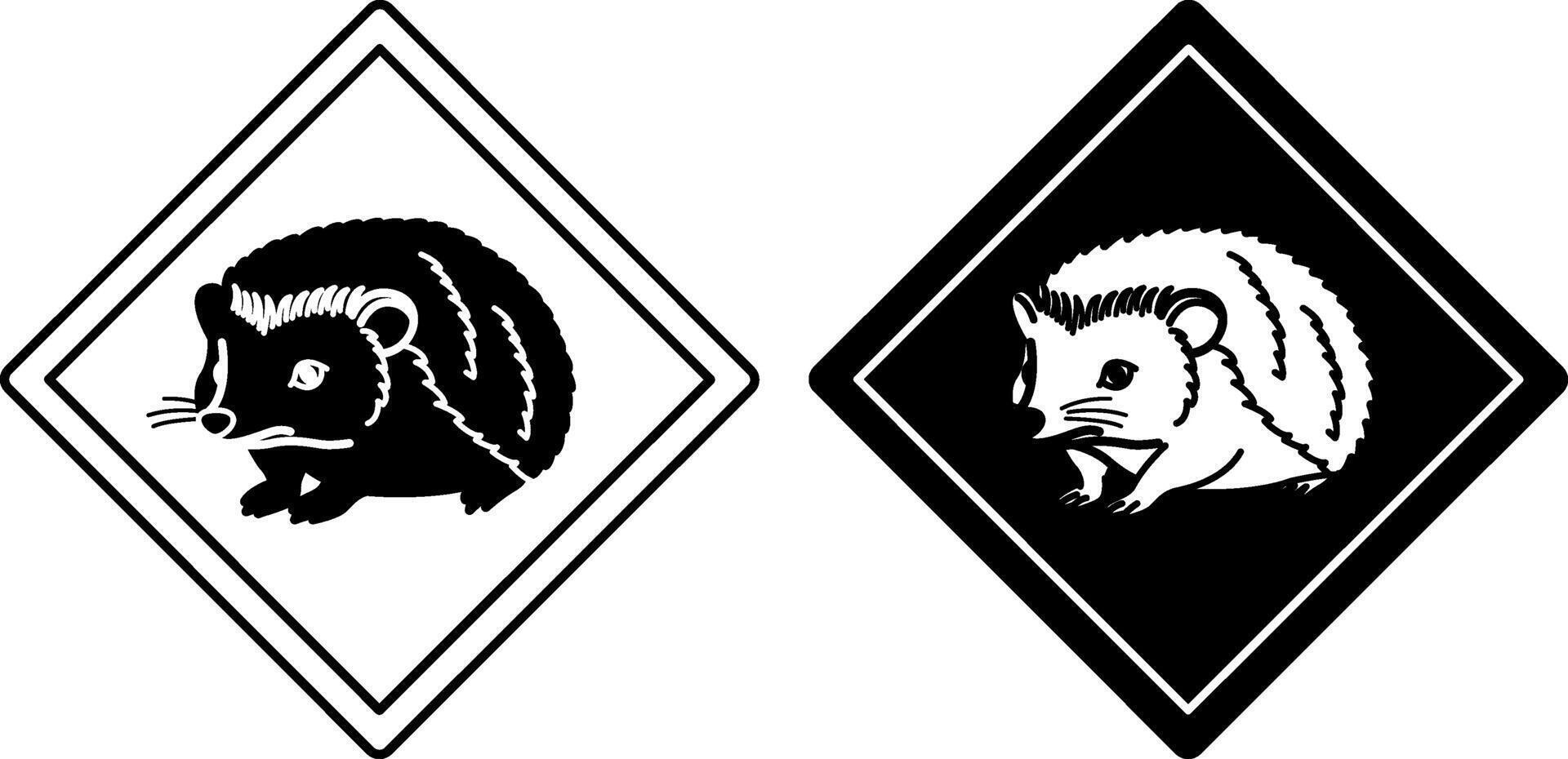Hedgehog Road Signs. Black and White Icons. Road Sign Warning about Crossing the Road by Animals. Sticker for Zoo vector