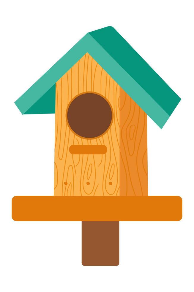 Wooden birdhouse with teal roof on a white background, perfect for backyard decoration vector