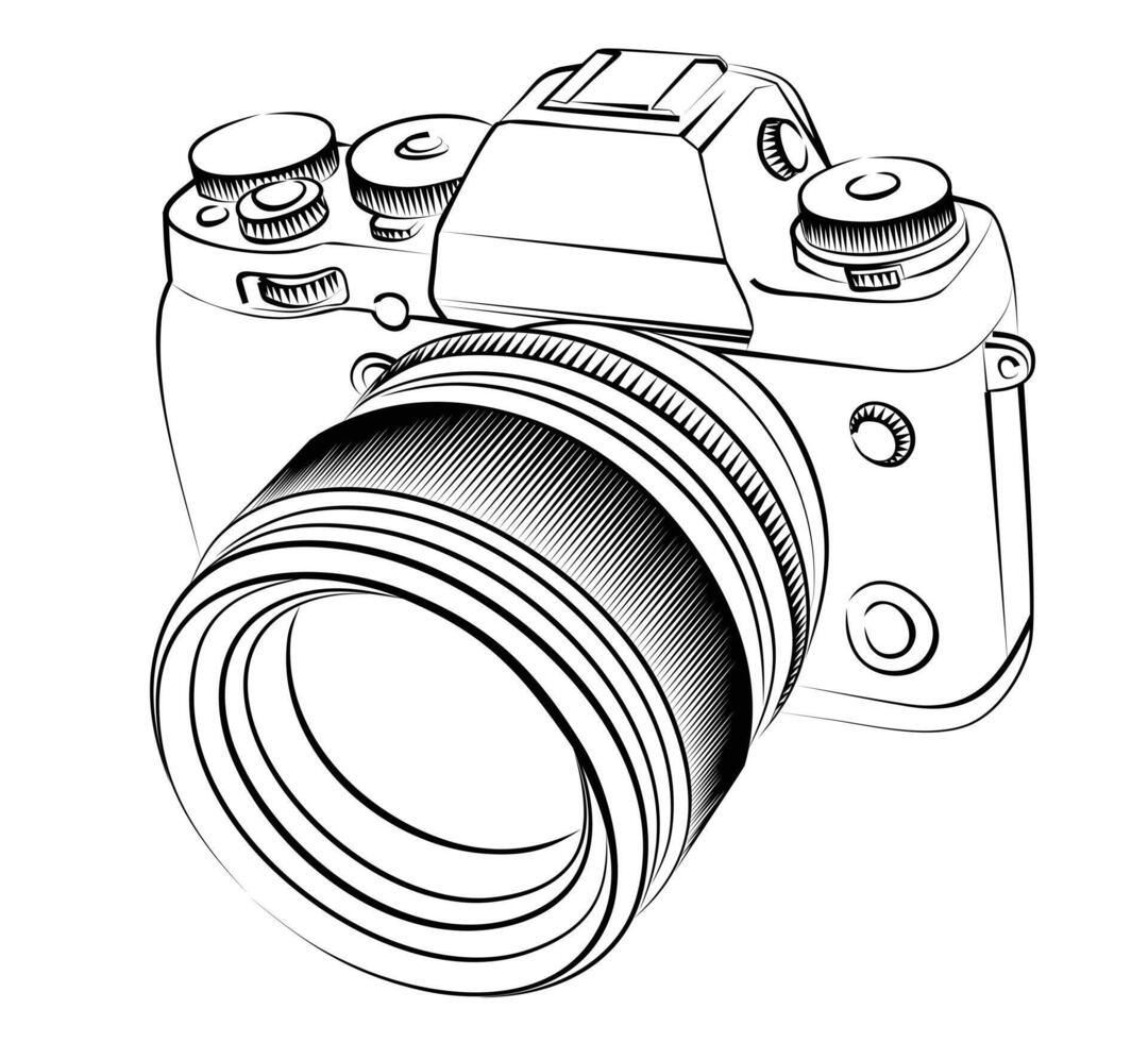 A sketch of the professional camera with a lens. vector