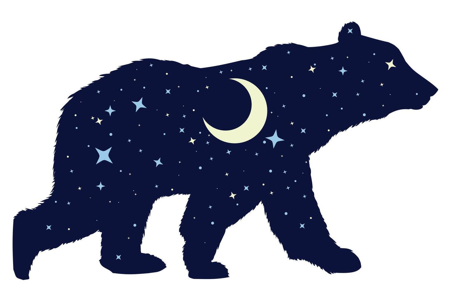 Silhouette of bear with starry night sky. vector