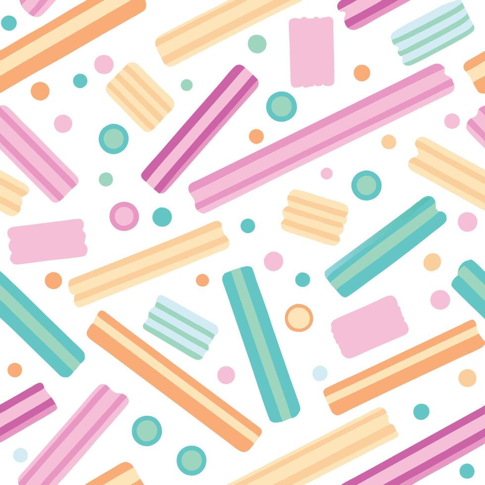 a colorful pattern with candy bars and other items vector