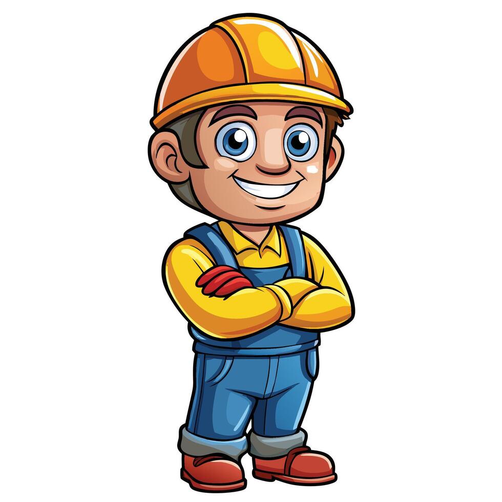 cartoon construction worker with arms crossed illustration vector