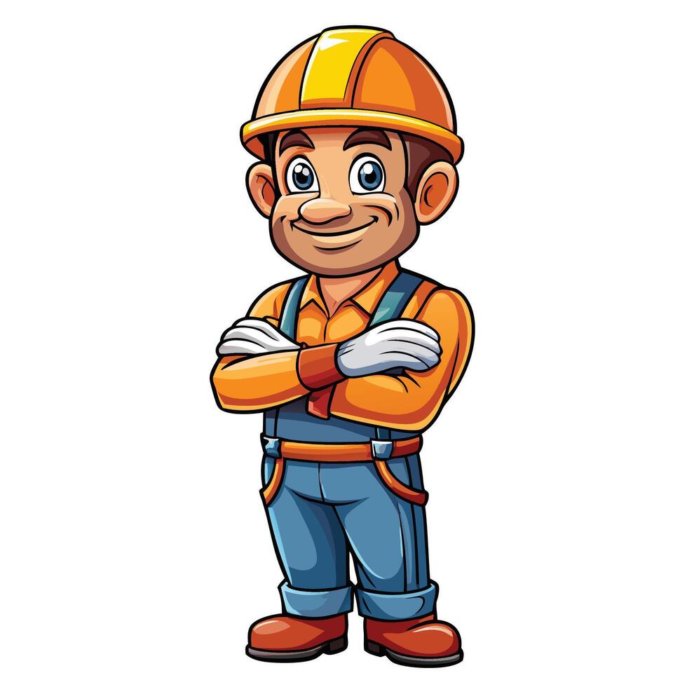 cartoon construction worker with arms crossed illustration vector