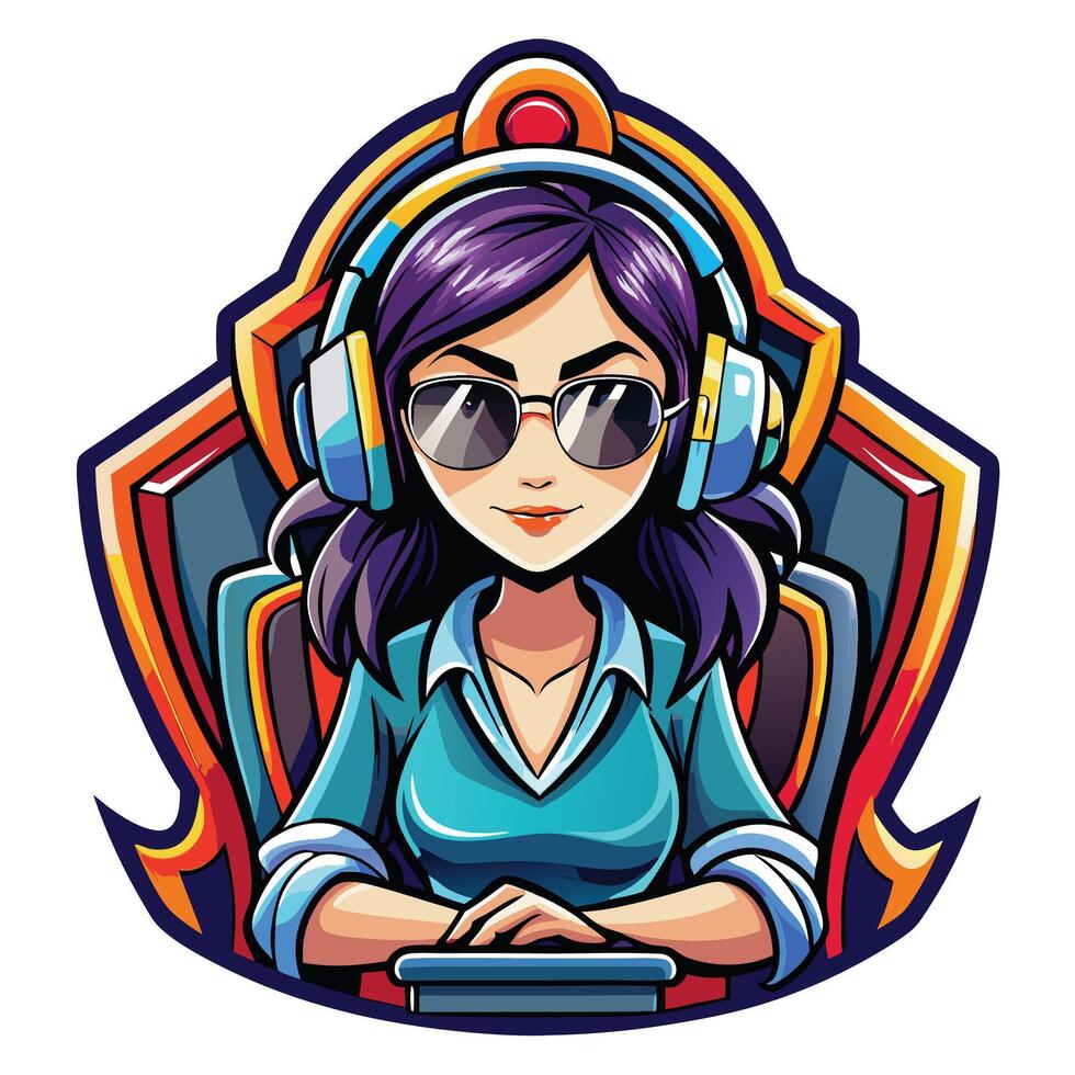 a girl wearing headphones and glasses sits in front of a shield vector