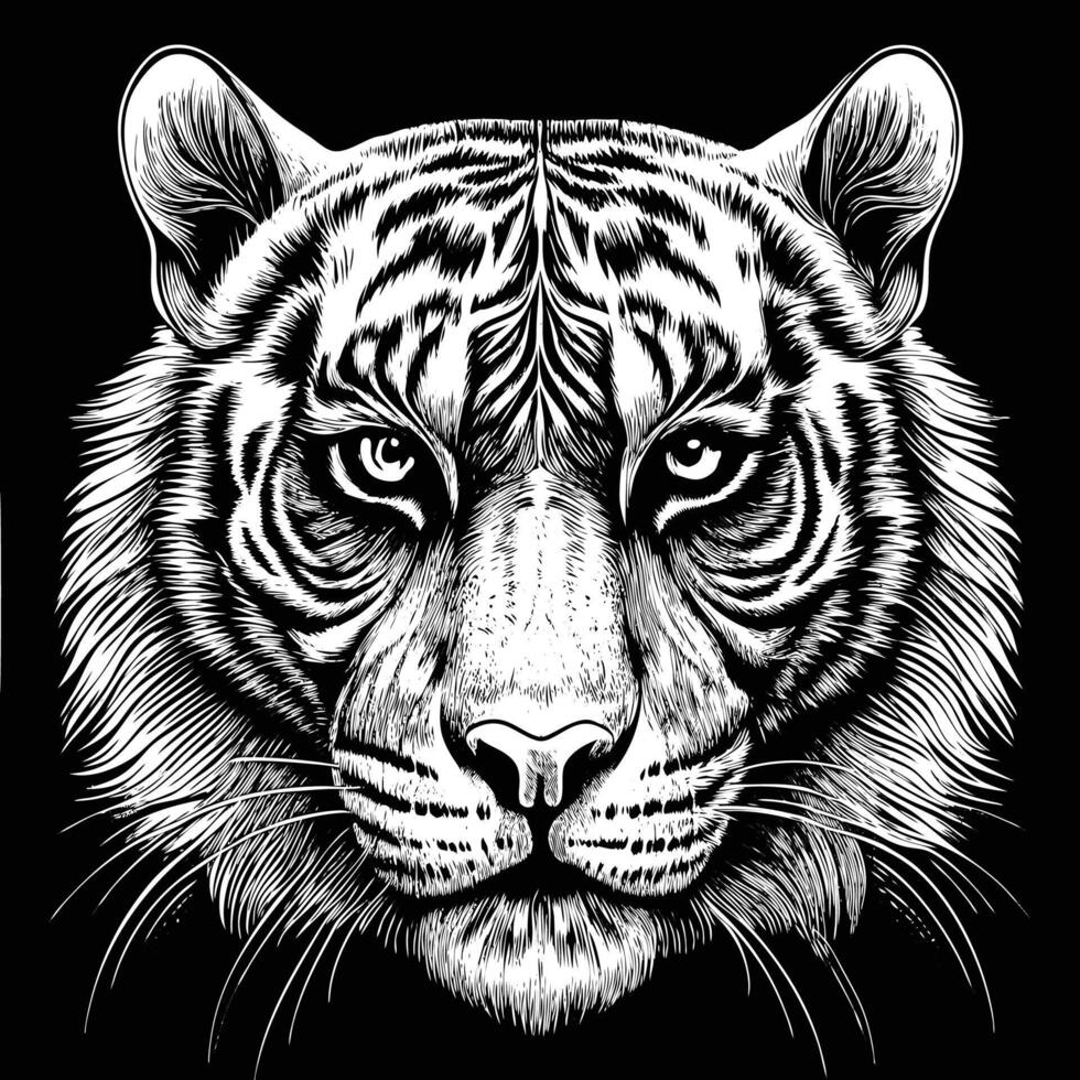 a tiger head in a black and white drawing vector