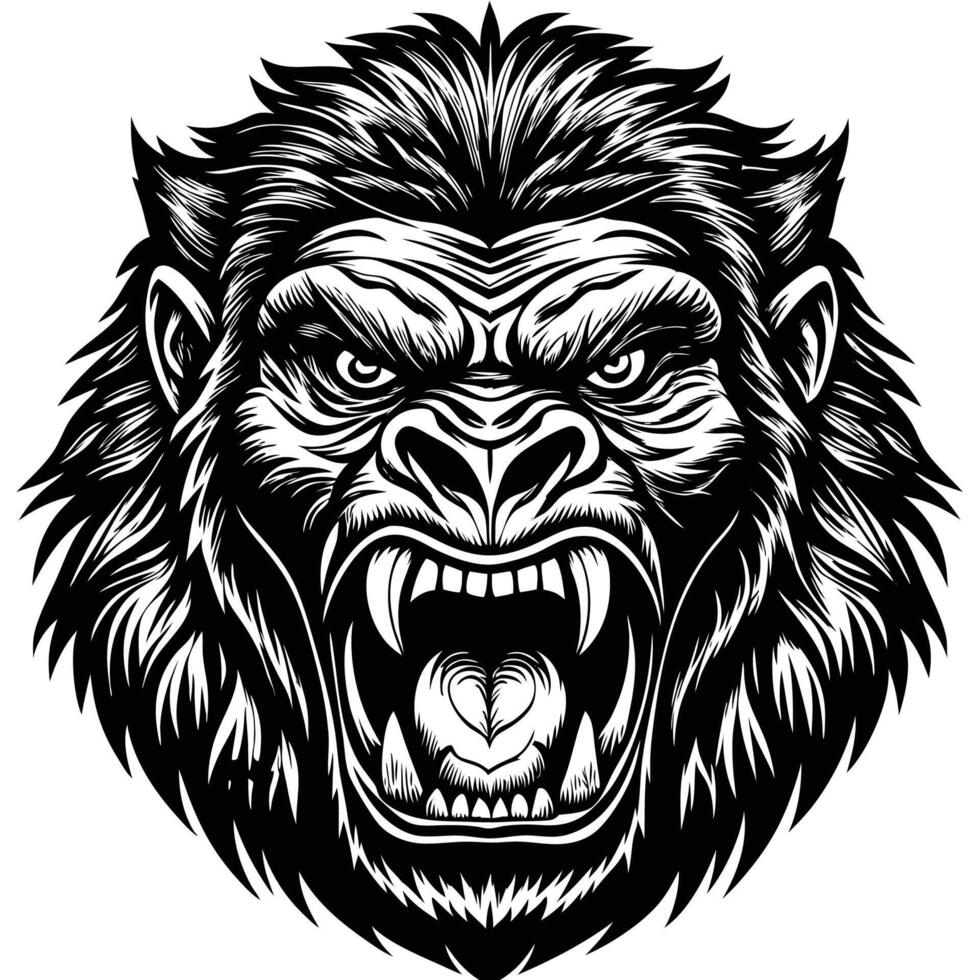 a gorilla head with a big mouth and fangs vector