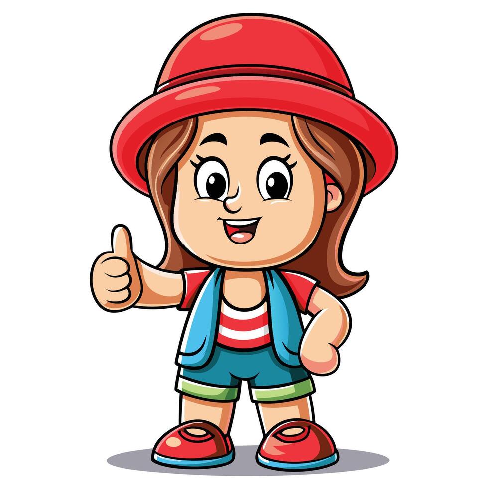 cartoon girl in red hat and shorts giving thumbs up vector