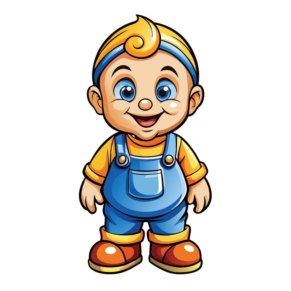cartoon boy in overalls with blue shirt and yellow hat vector