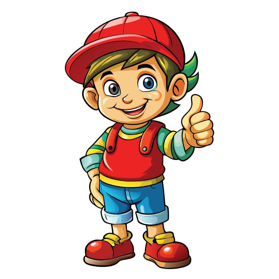 cartoon boy in red cap and shorts giving thumbs up vector