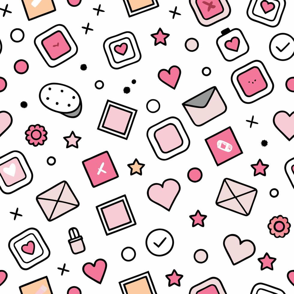 a pattern with pink and white hearts and other items vector