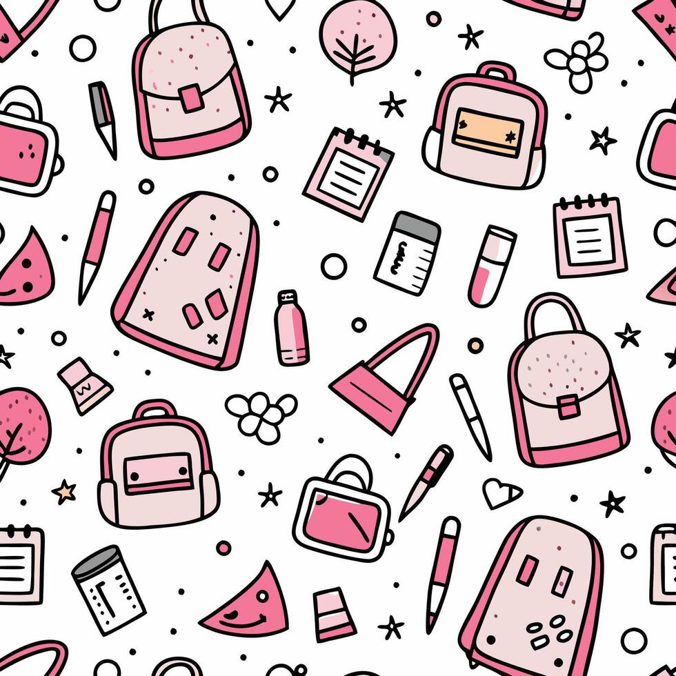 a pink and white pattern with school supplies vector