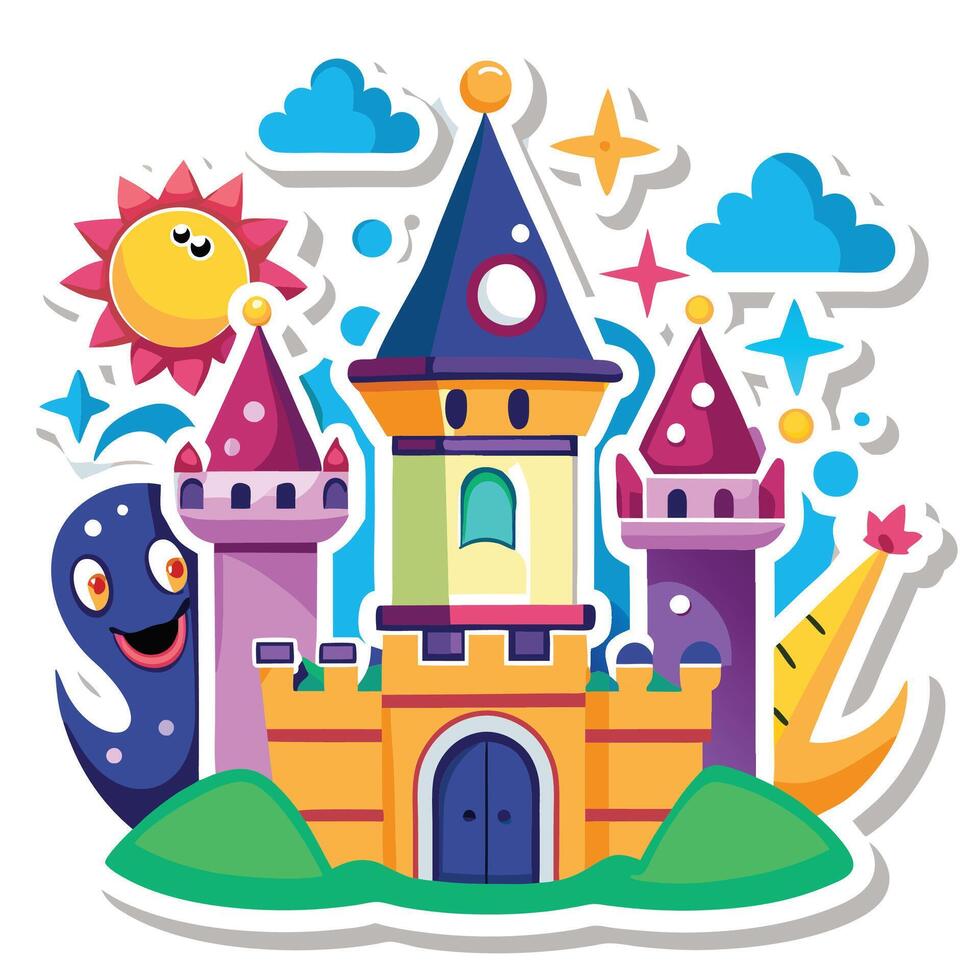 cartoon castle with monsters and sun vector