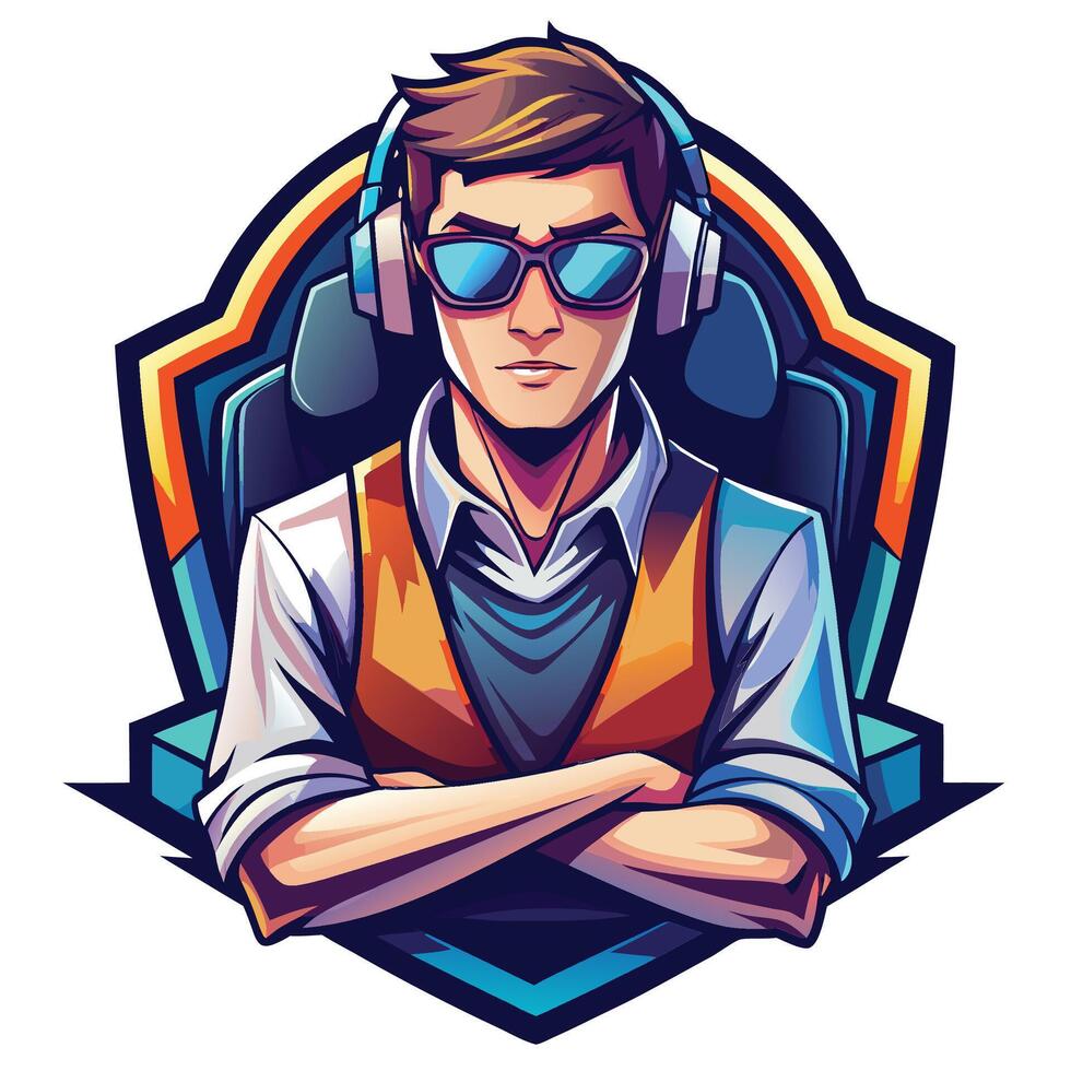 a man in glasses and headphones with a shield on his chest vector