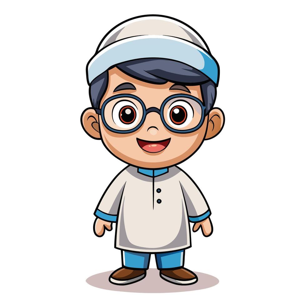 cartoon muslim boy wearing glasses and hat vector