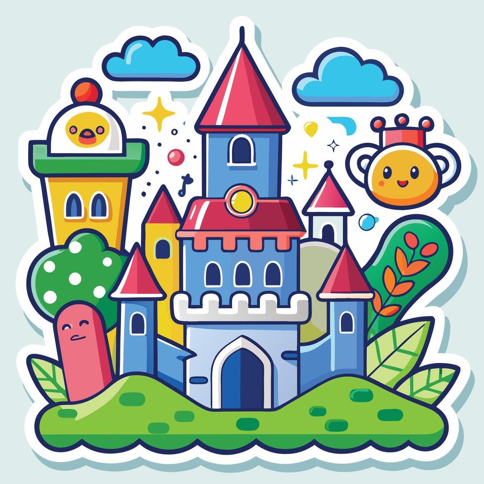 cartoon castle with a castle and other objects vector