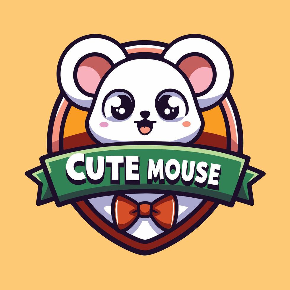 a cute mouse logo with a ribbon and ribbon vector