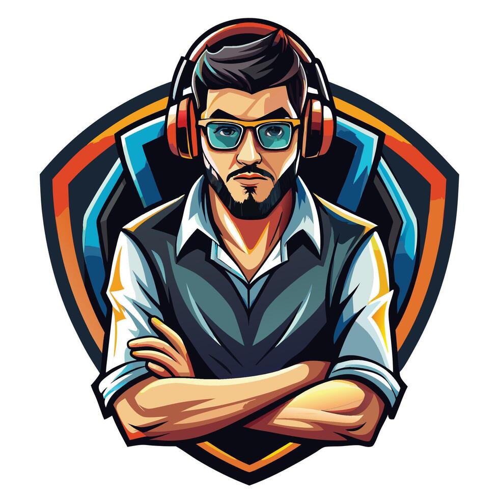 a man with headphones and glasses is wearing a shirt and vest vector