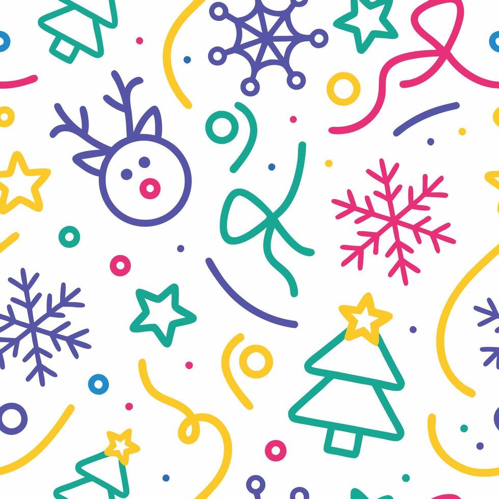 christmas seamless pattern with snowflakes, reindeer, snowman and stars vector