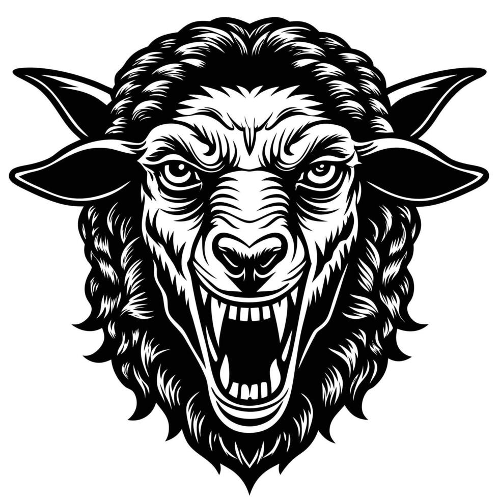 a black and white illustration of a ram head with fangs vector