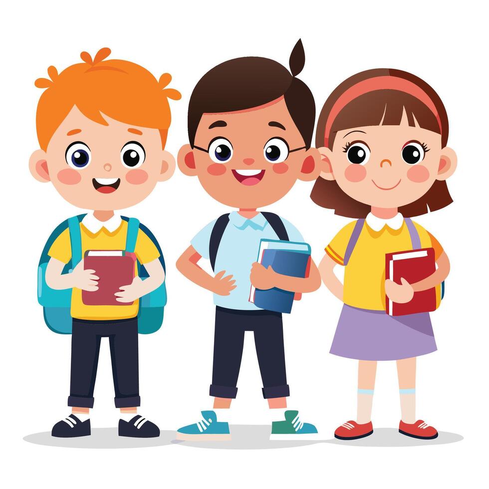 three children with books and backpacks vector