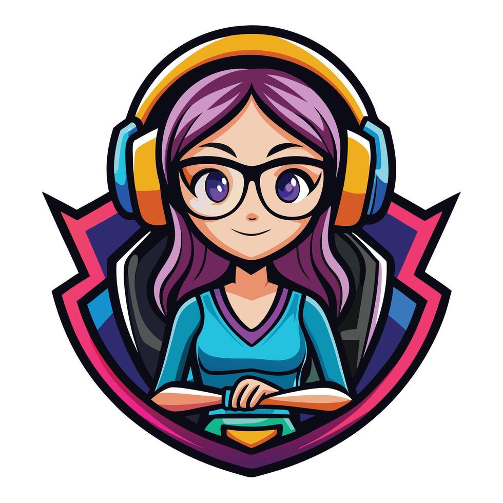 a girl with headphones and glasses sitting in front of a shield vector
