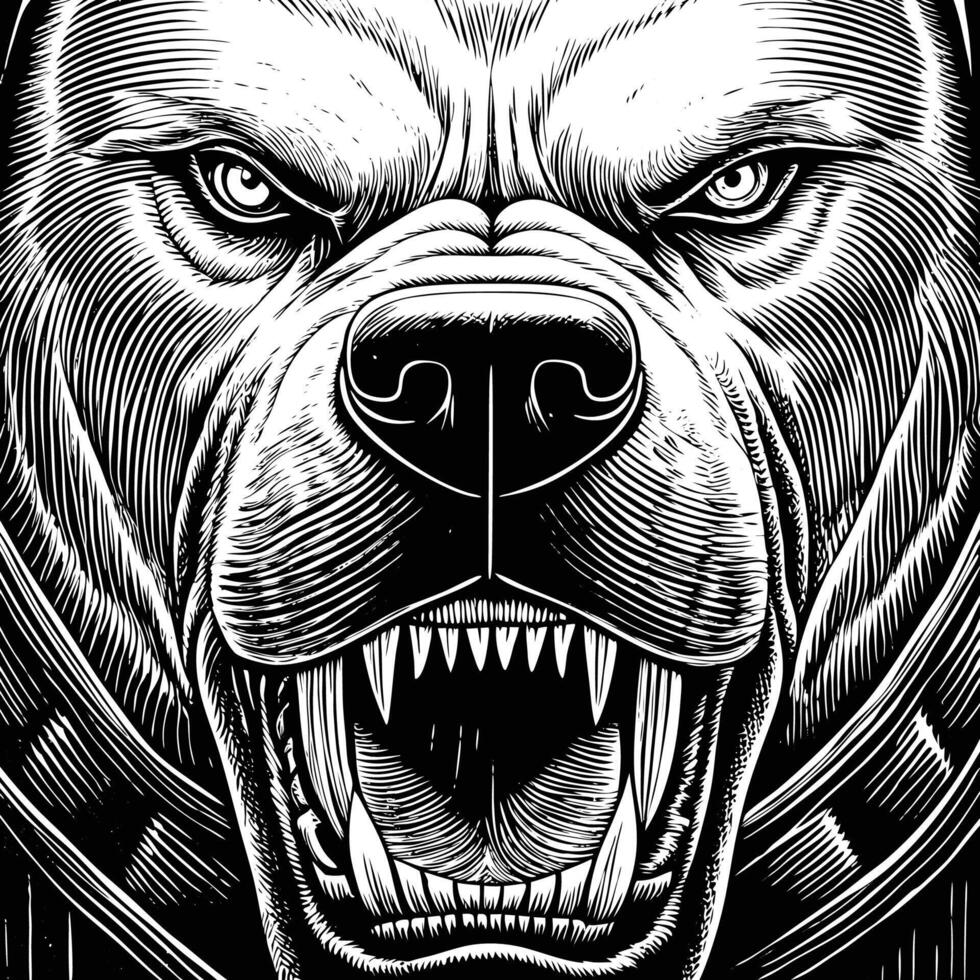 the head of a pit bull is shown in a black and white engraving style vector