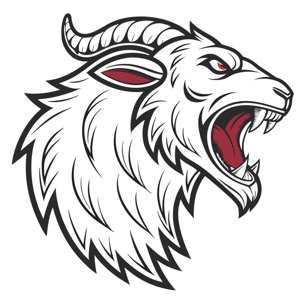 a goat head with its mouth open and red teeth vector