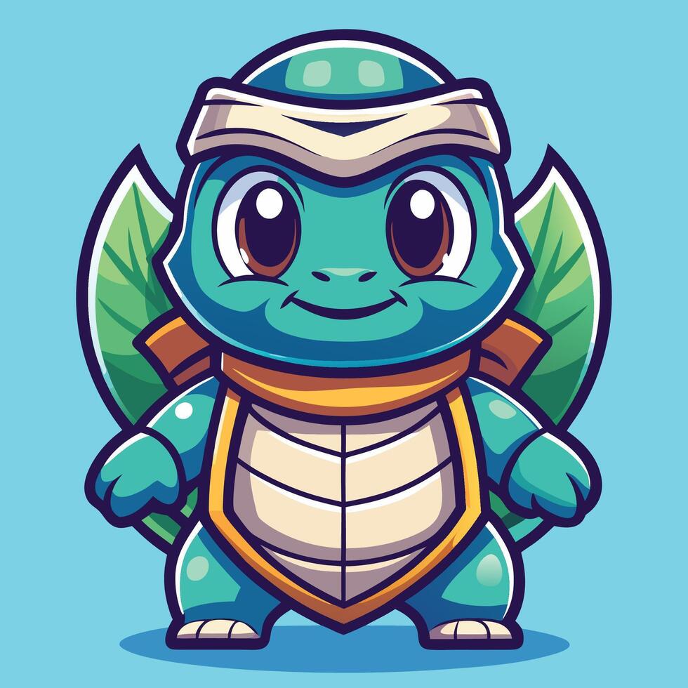 a cartoon turtle with a hat and a green leaf vector