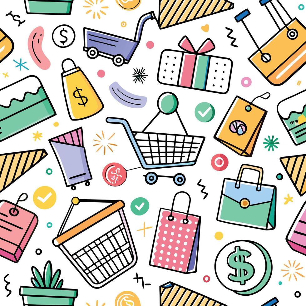 shopping seamless pattern with colorful icons vector
