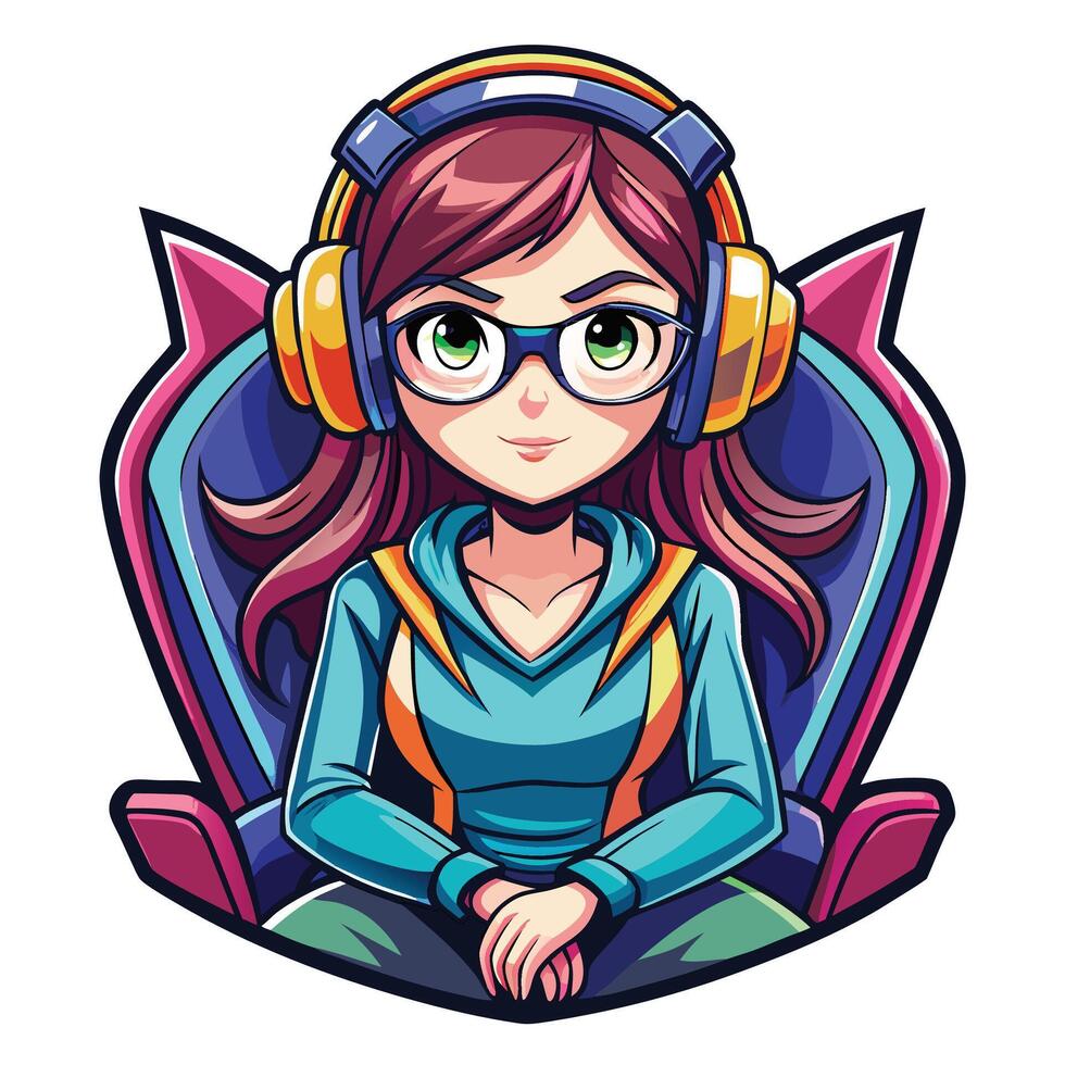 a cartoon girl wearing headphones and sitting on a chair vector
