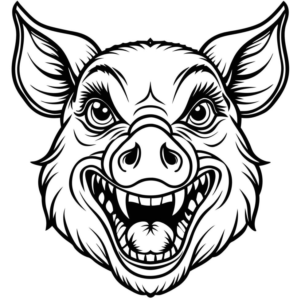 a black and white drawing of a pig head vector