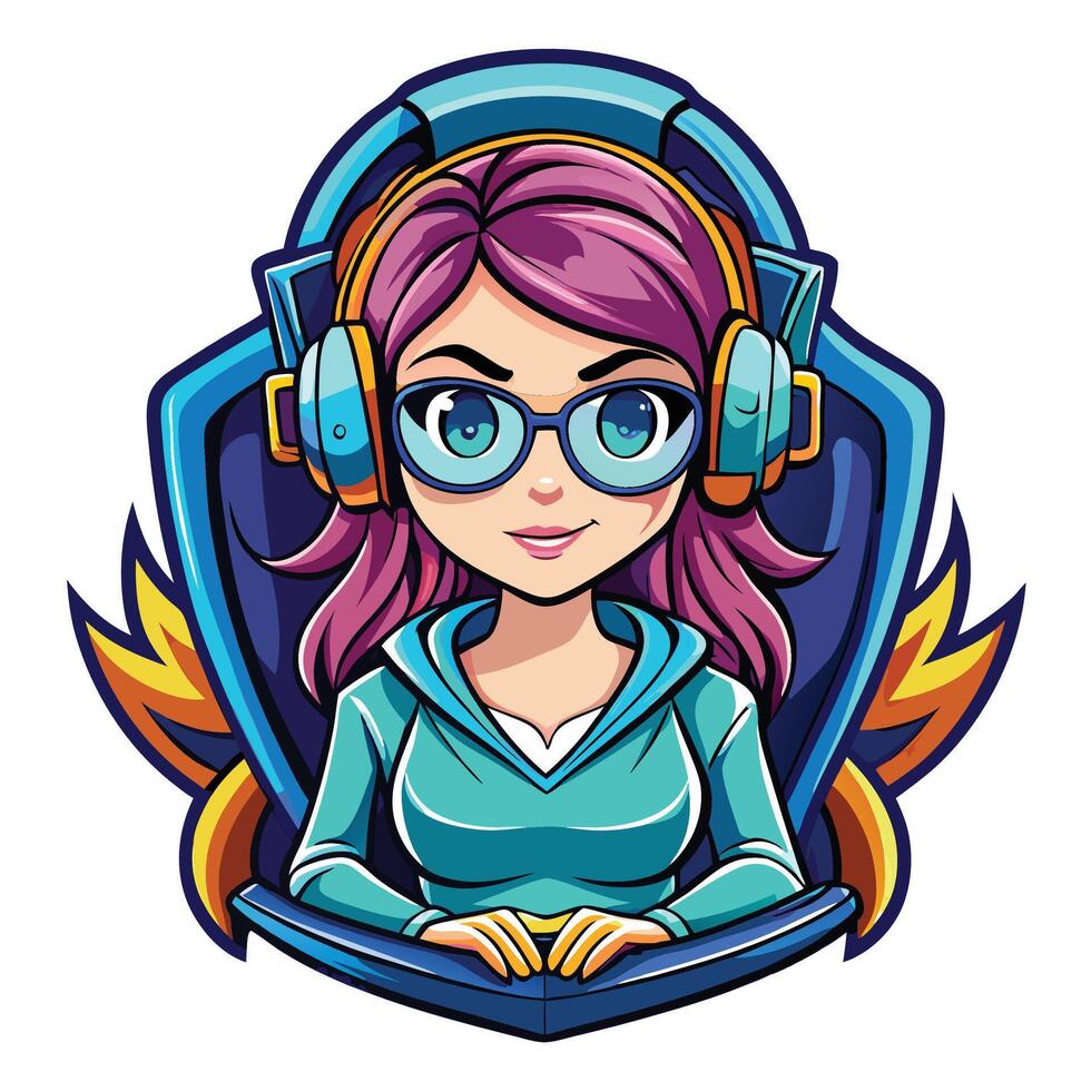 a girl with headphones and glasses sitting in front of a shield vector