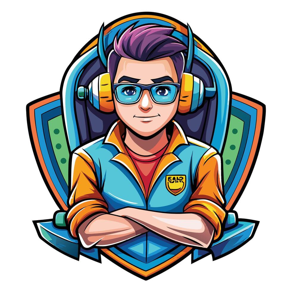a cartoon character with headphones and glasses vector