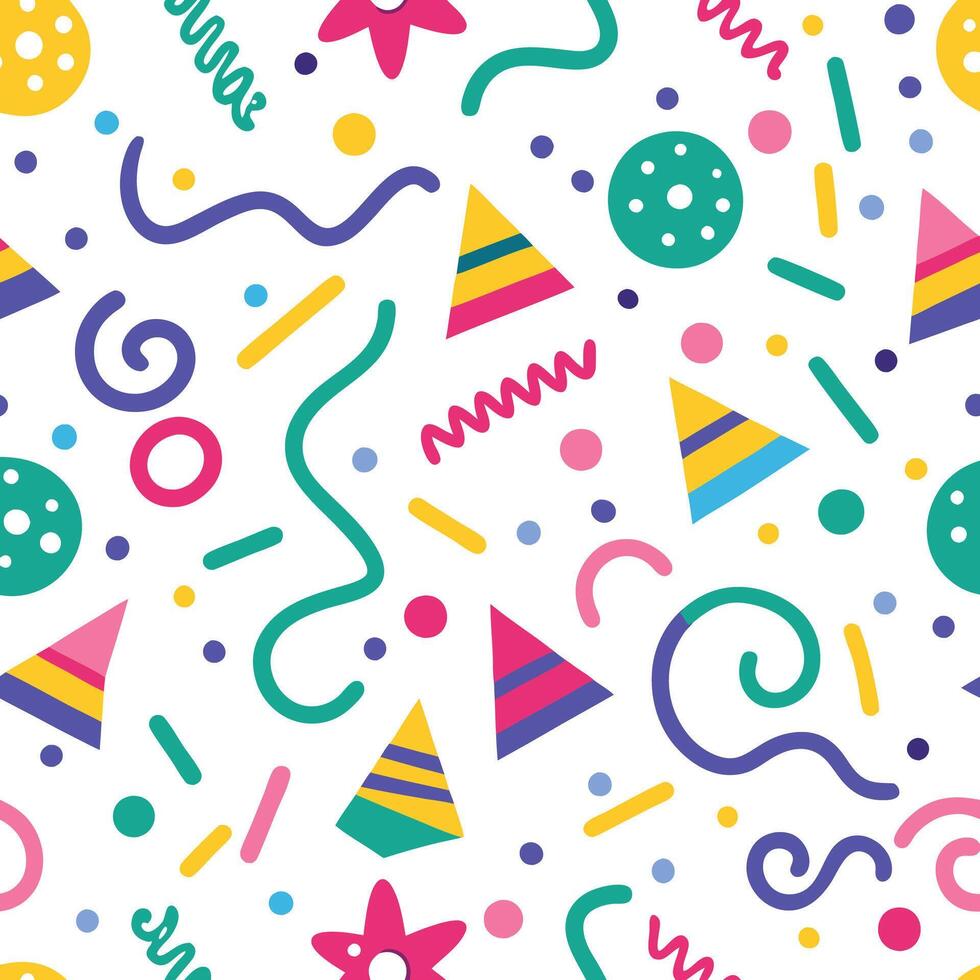 a colorful pattern with party hats and confetti vector