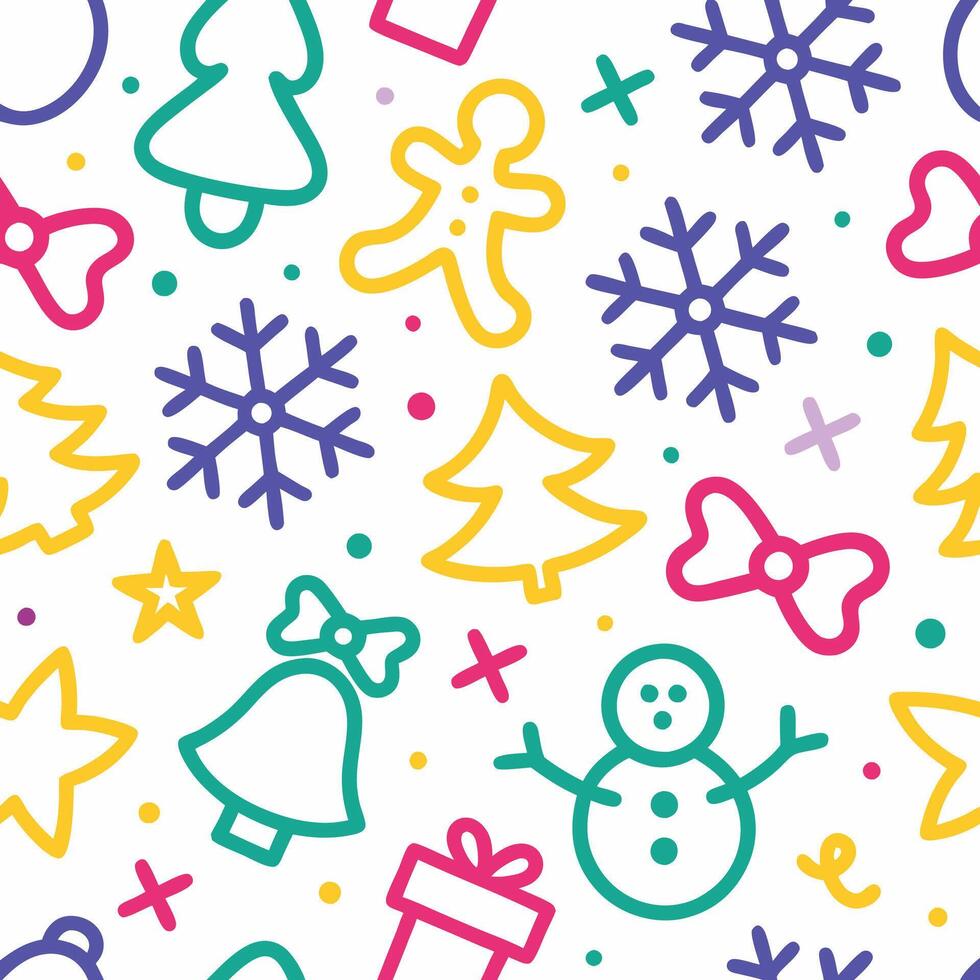 christmas seamless pattern with snowman, santa, tree, and other items vector