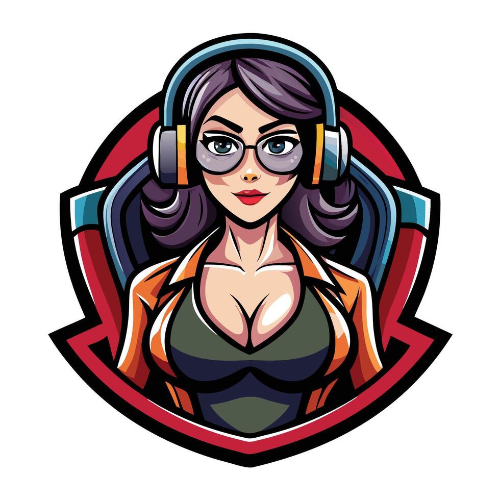 a woman with headphones and glasses in a logo vector