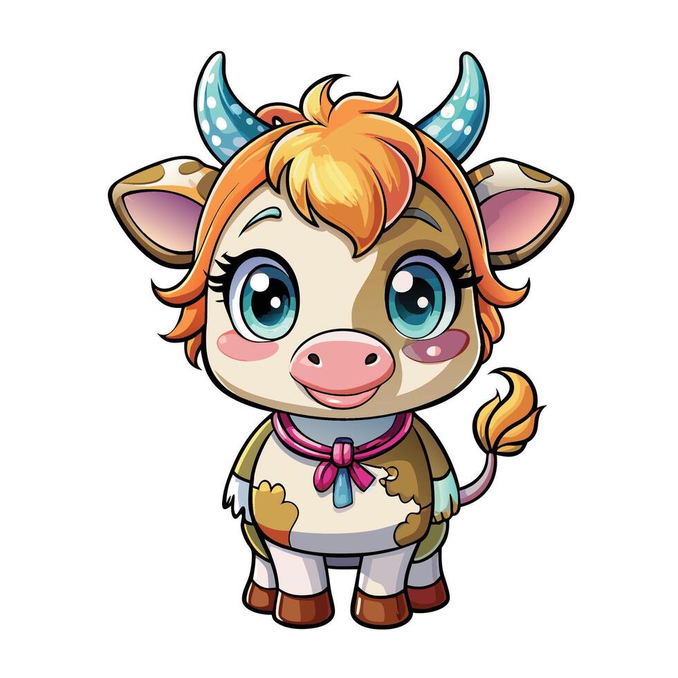 a cartoon cow with blue eyes and a pink bow vector