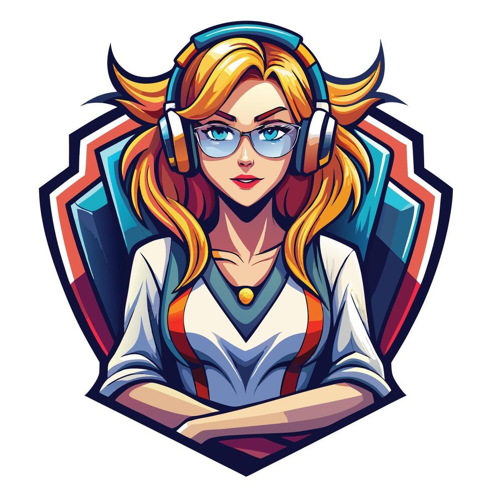 a girl with headphones and glasses in the center of a shield vector