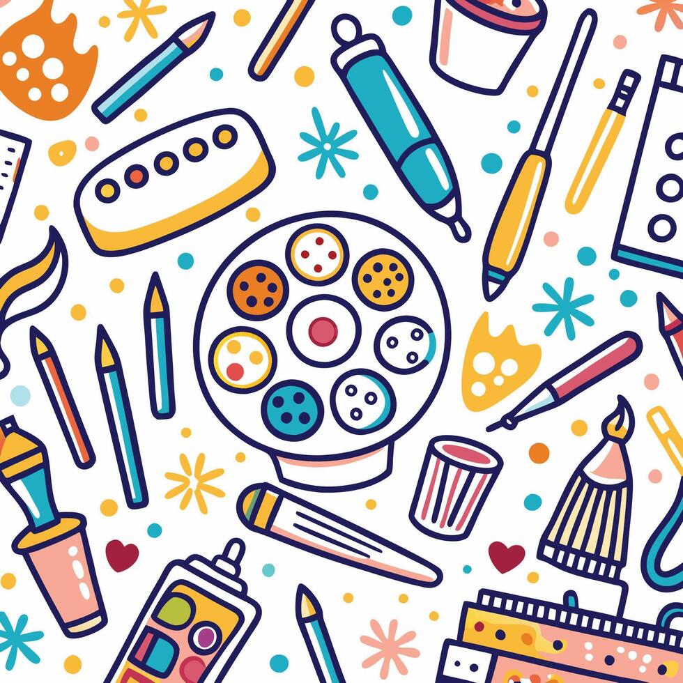 art supplies and tools in a colorful pattern vector
