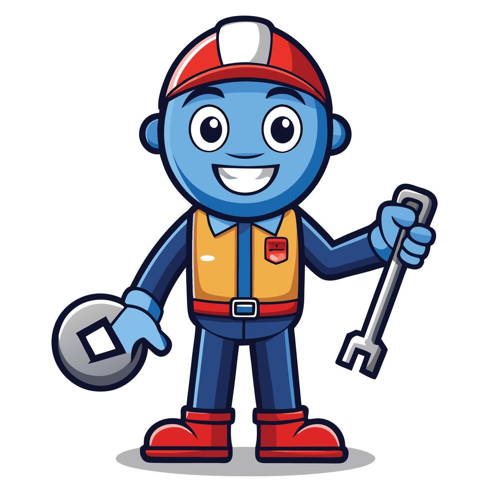 blue cartoon mechanic holding a wrench and wrench vector