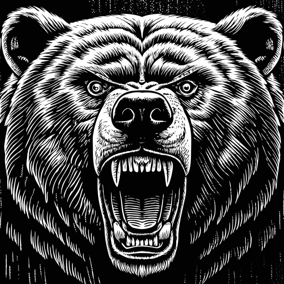 the head of a bear is shown in a black and white drawing vector