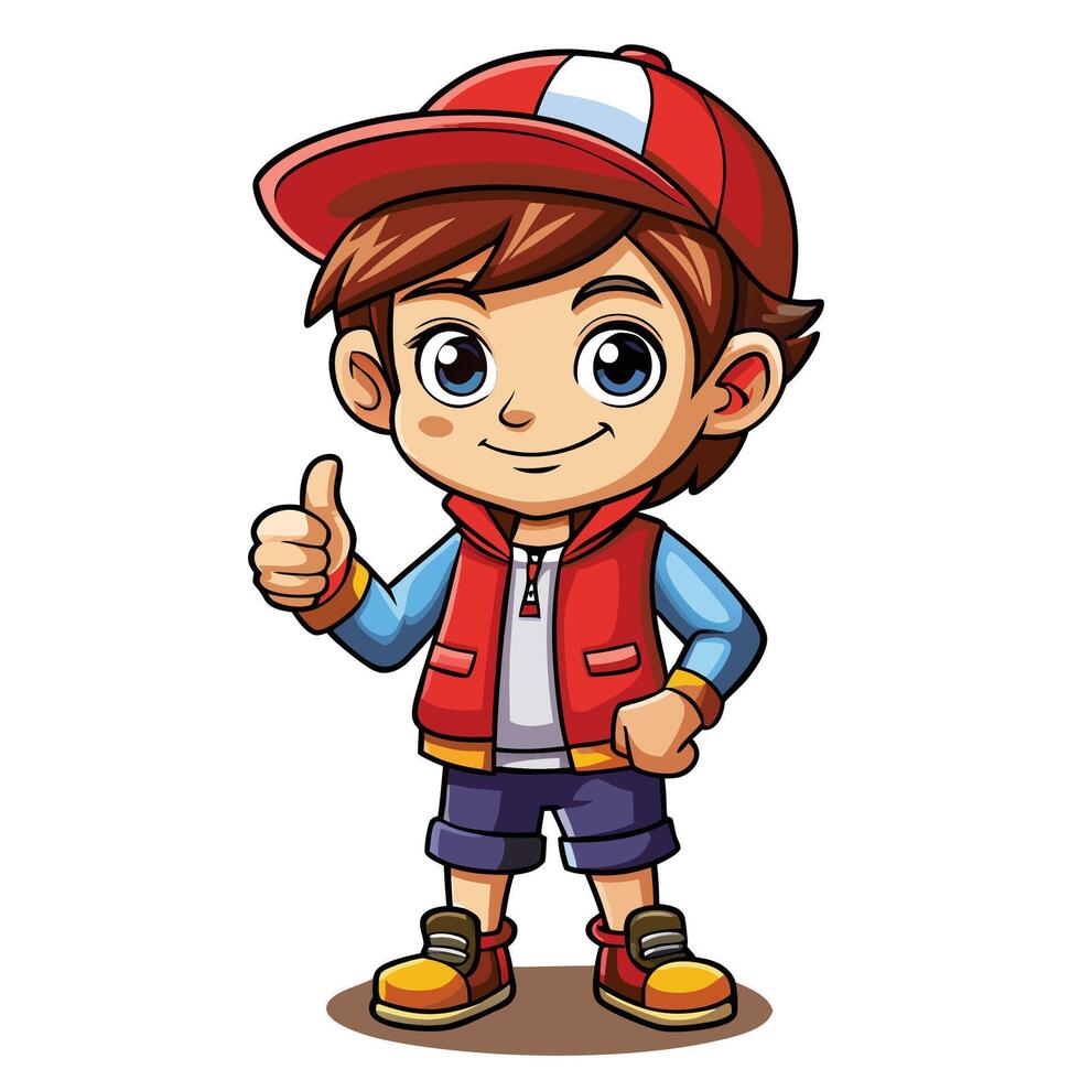 cartoon boy in red hat and vest giving thumbs up vector