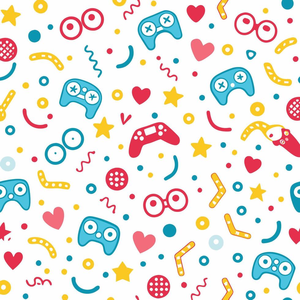 a colorful pattern with game controllers and other items vector