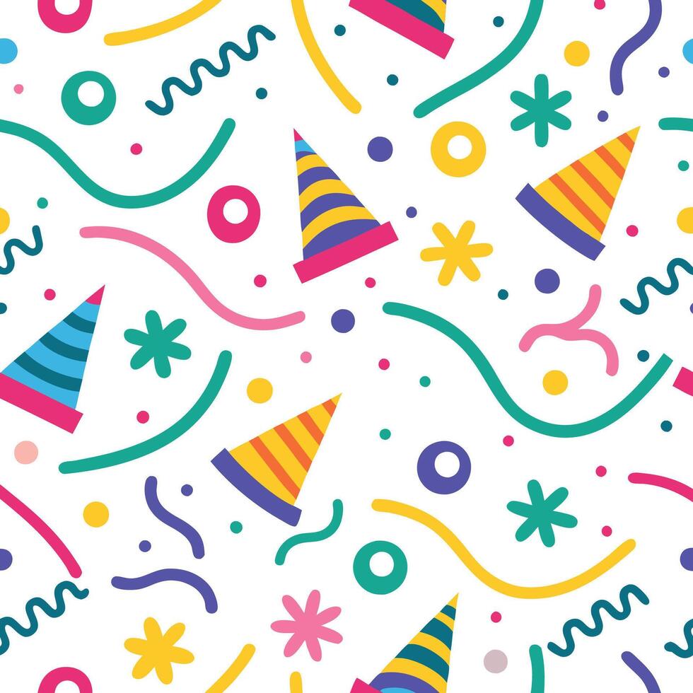 a colorful party hat pattern with confetti and streamers vector